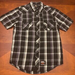 No Fear 90s Men's Medium Plaid Short Sleeve Button Up Shirt - Black Purple White